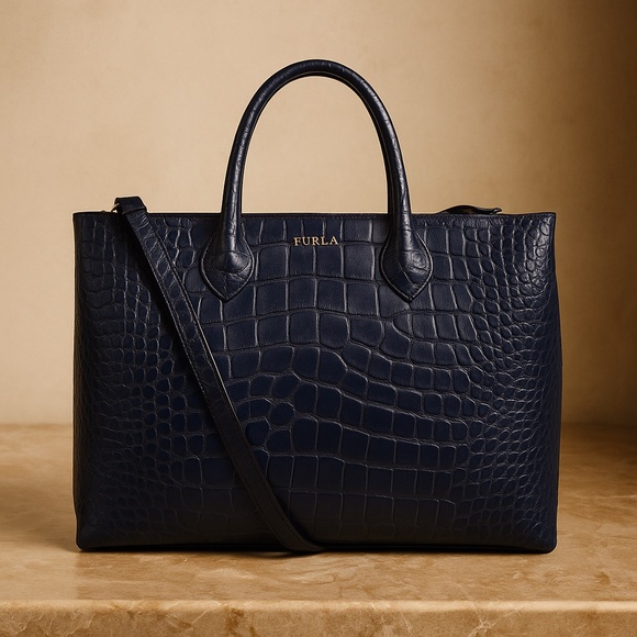 FURLA Dark Blue Leather Martha Tote - Authentic FURLA Bag - Embossed Leather Bag